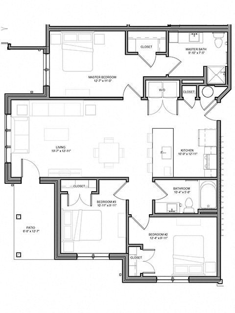Floor plan for 3 beds, 2 baths, 1240 sqft